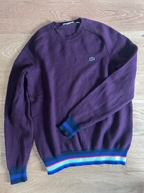 Lacoste Merino Wool Men’s Crewneck Sweater in Plum with Multicolor Trim